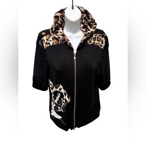 Joseph Ribkoff Black Leopard SS Hoodie Knit Top Jacket Sz 10 Sheer Sleeve Dressy